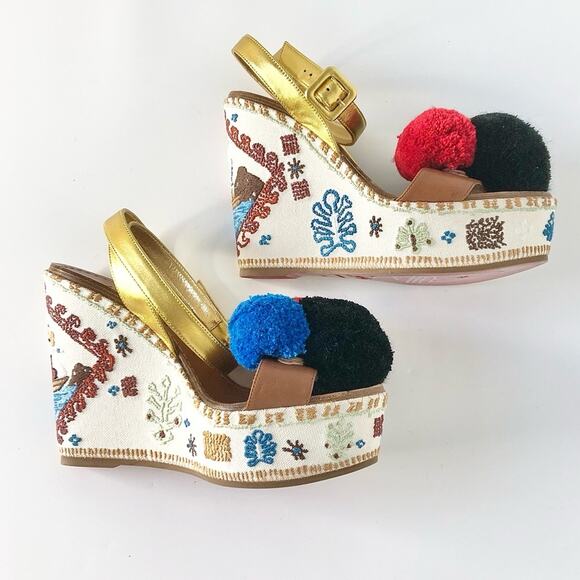 Christian Louboutin Cycladissimo Pompom Embroidered Platform Wedge Sandals 36 - Picture 8 of 11